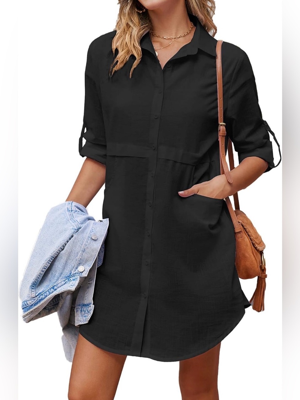 Black Long-Sleeved, Loose-fitting Button-up Linen Shirt with Pockets